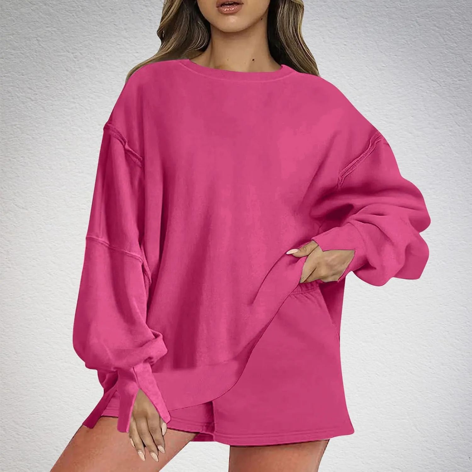 2 Piece Outfits For Women Oversized Crew Neck Sweatshirts And Shorts Tracksuit Set Casual Fall Sweatsuit Lounge Sets