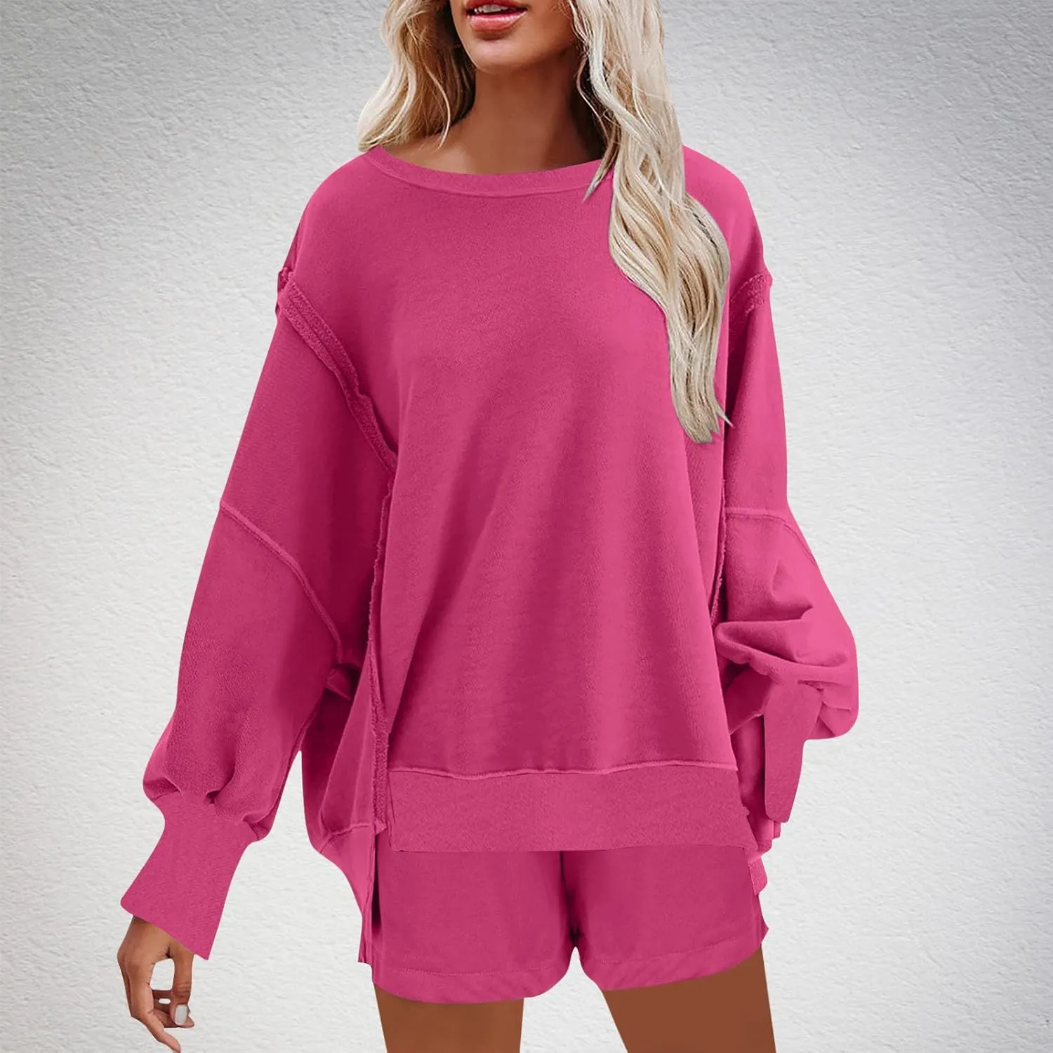 2 Piece Outfits For Women Oversized Crew Neck Sweatshirts And Shorts Tracksuit Set Casual Fall Sweatsuit Lounge Sets