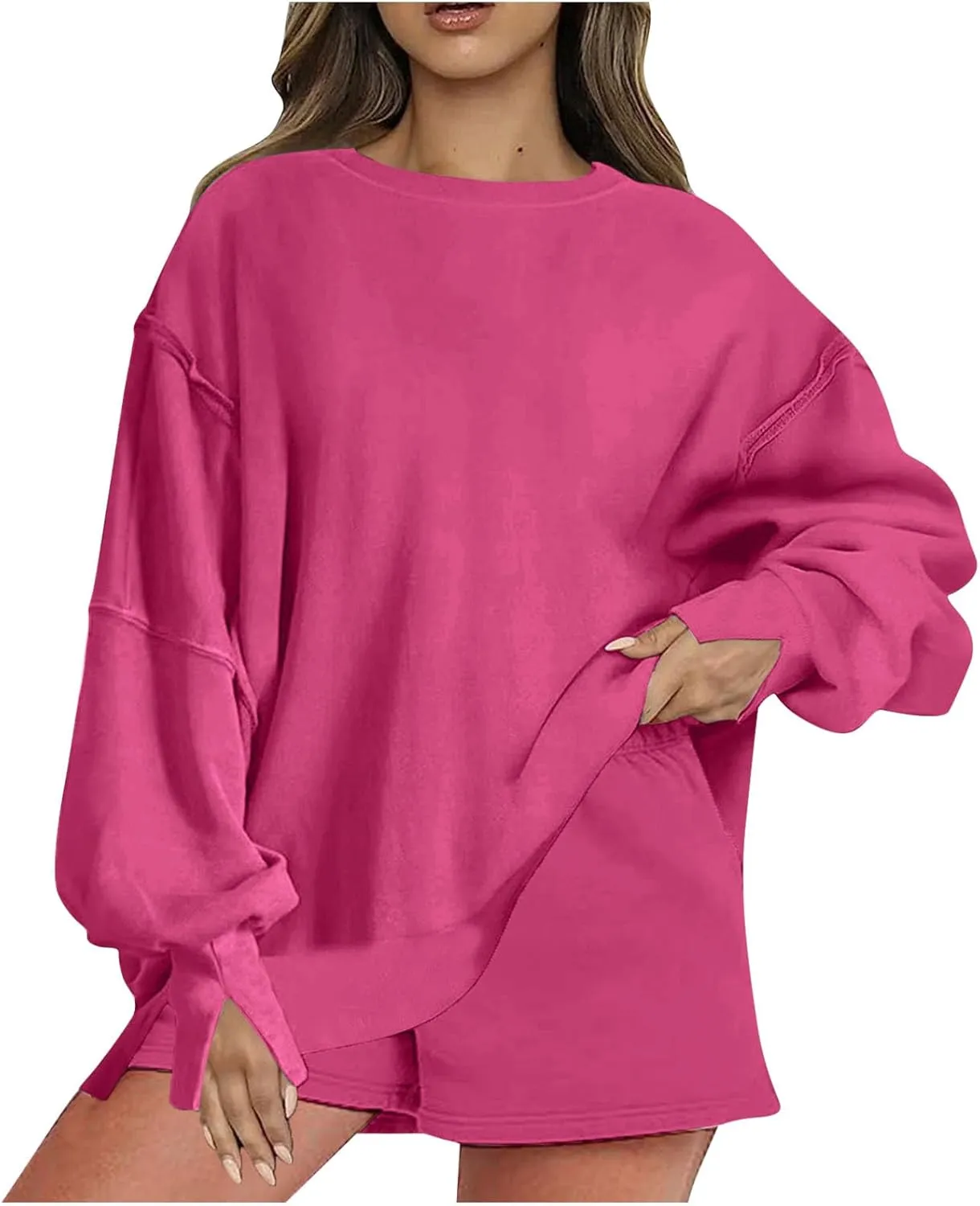 2 Piece Outfits For Women Oversized Crew Neck Sweatshirts And Shorts Tracksuit Set Casual Fall Sweatsuit Lounge Sets