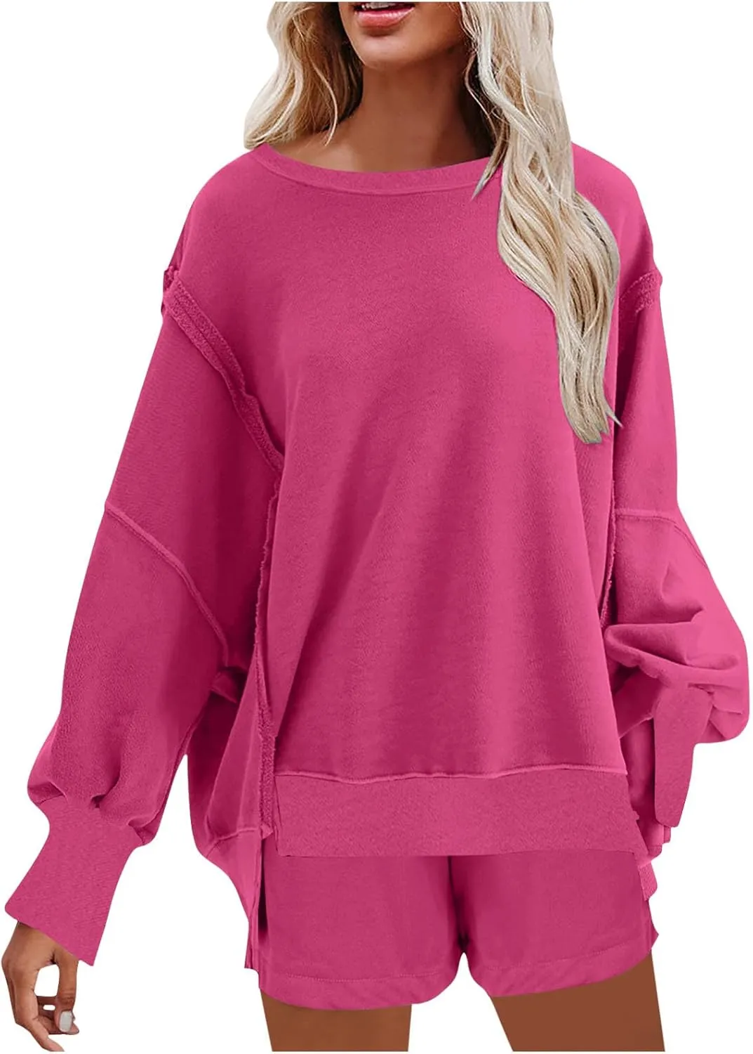 2 Piece Outfits For Women Oversized Crew Neck Sweatshirts And Shorts Tracksuit Set Casual Fall Sweatsuit Lounge Sets