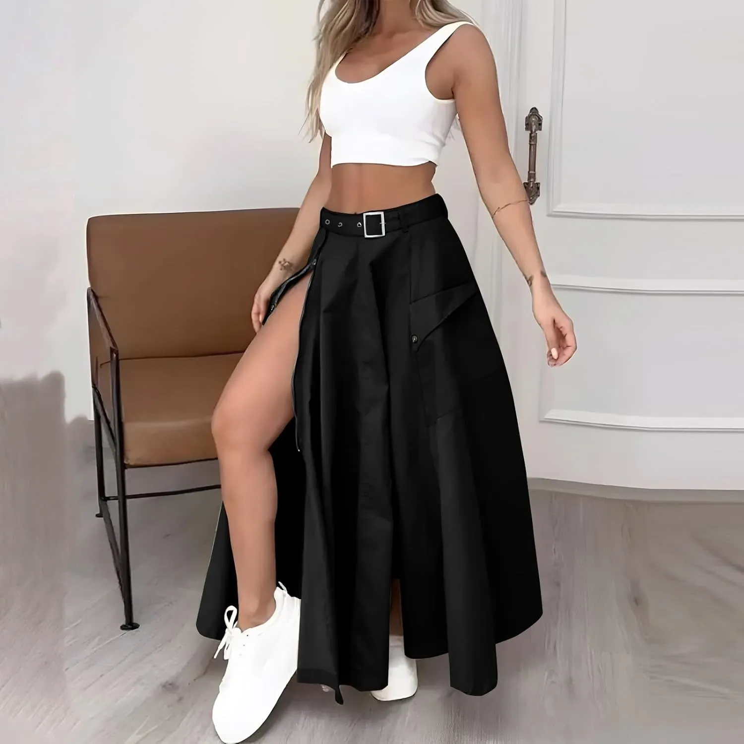 2 Piece Skirt Sets for Women Sleeveless Scoop Neck Crop Tank Tops Zipper High Slit Midi Flowy Skirts Matching Sets
