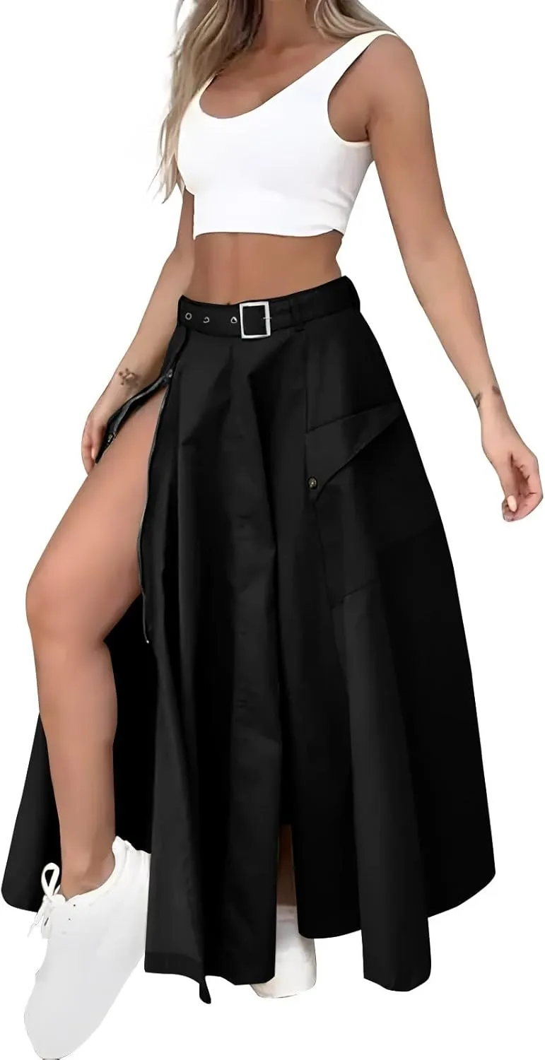 2 Piece Skirt Sets for Women Sleeveless Scoop Neck Crop Tank Tops Zipper High Slit Midi Flowy Skirts Matching Sets