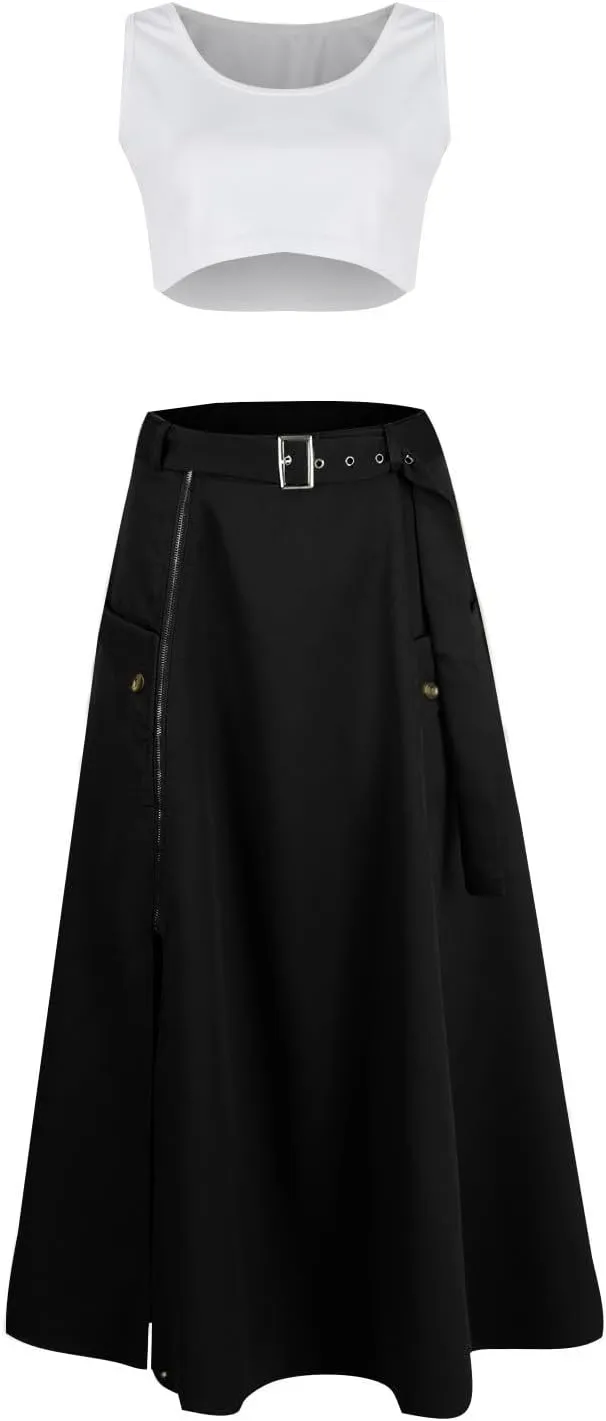2 Piece Skirt Sets for Women Sleeveless Scoop Neck Crop Tank Tops Zipper High Slit Midi Flowy Skirts Matching Sets