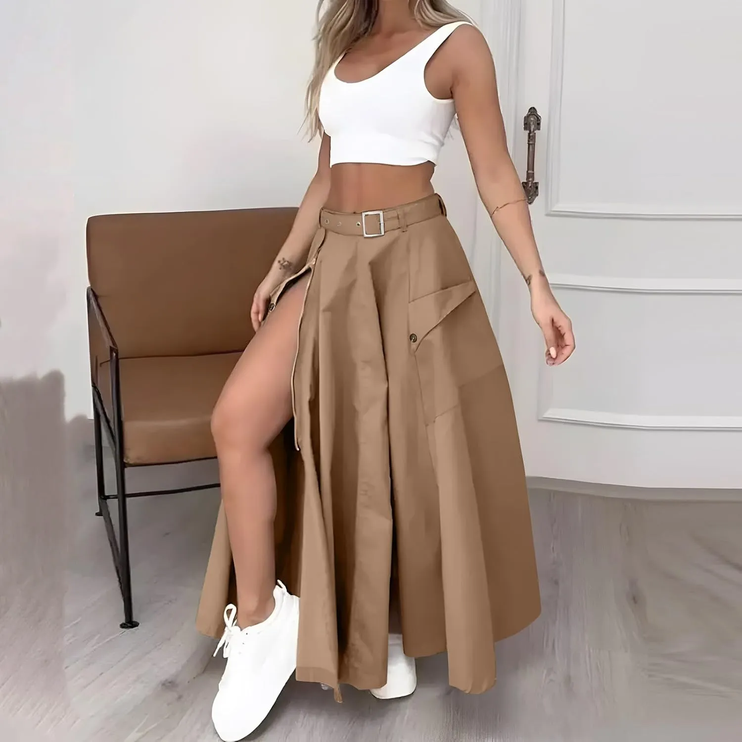 2 Piece Skirt Sets for Women Sleeveless Scoop Neck Crop Tank Tops Zipper High Slit Midi Flowy Skirts Matching Sets