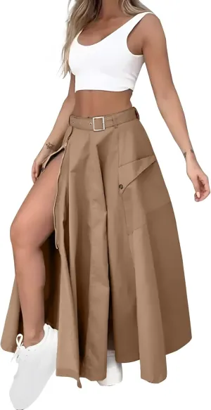 2 Piece Skirt Sets for Women Sleeveless Scoop Neck Crop Tank Tops Zipper High Slit Midi Flowy Skirts Matching Sets
