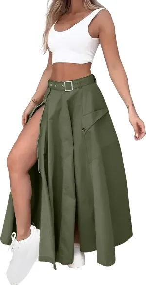 2 Piece Skirt Sets for Women Sleeveless Scoop Neck Crop Tank Tops Zipper High Slit Midi Flowy Skirts Matching Sets