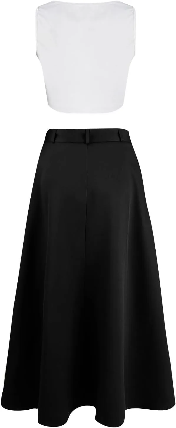 2 Piece Skirt Sets for Women Sleeveless Scoop Neck Crop Tank Tops Zipper High Slit Midi Flowy Skirts Matching Sets