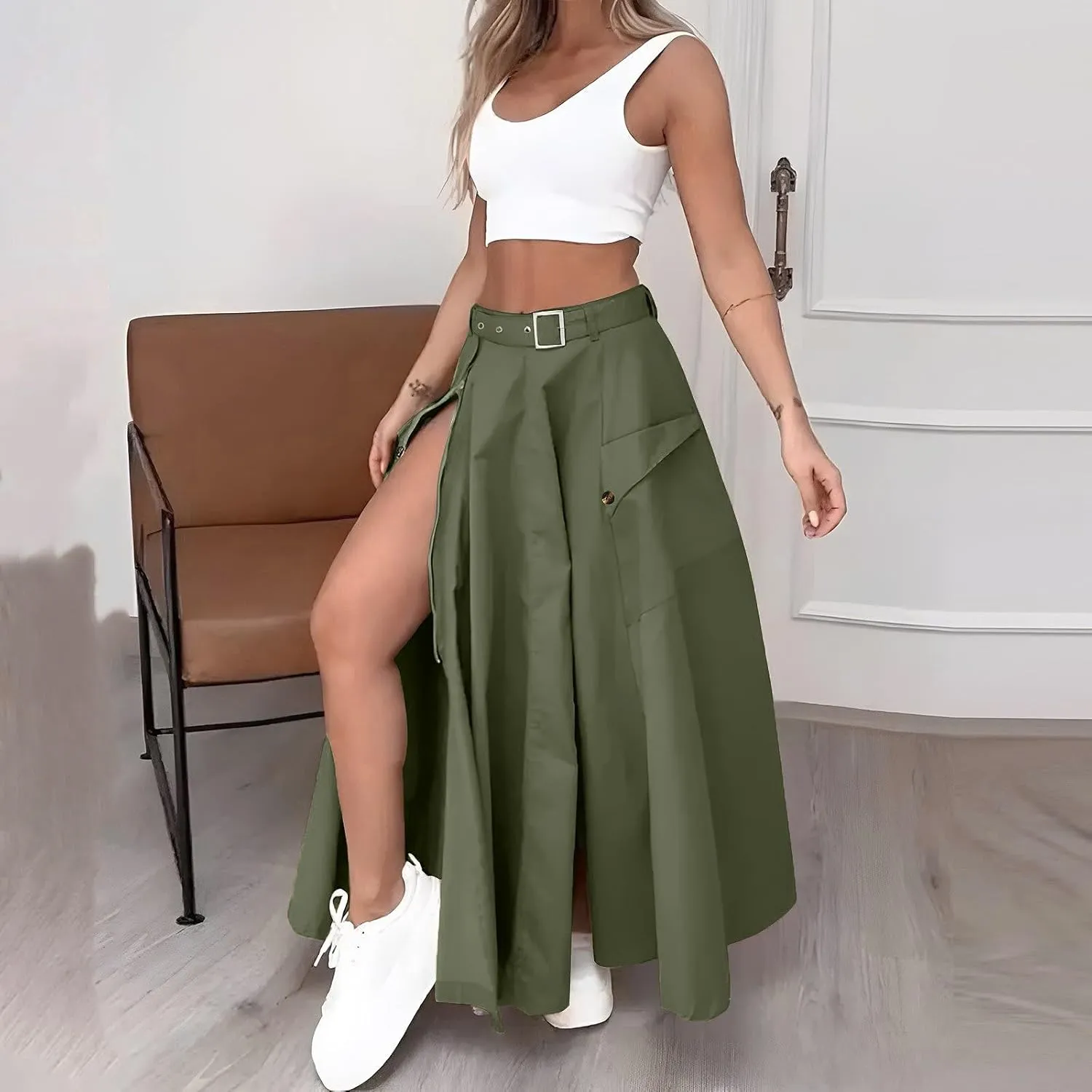 2 Piece Skirt Sets for Women Sleeveless Scoop Neck Crop Tank Tops Zipper High Slit Midi Flowy Skirts Matching Sets