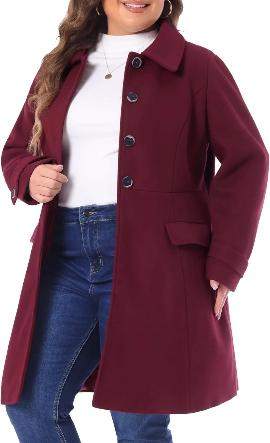 Agnes Orinda Plus Size Coats for Women Fall Winter Classic Single Breasted Pea Trench Long Coat with Pockets