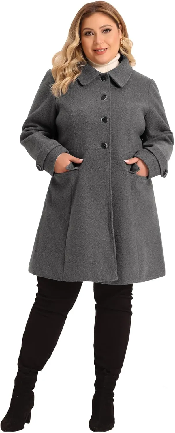 Agnes Orinda Plus Size Coats for Women Fall Winter Classic Single Breasted Pea Trench Long Coat with Pockets