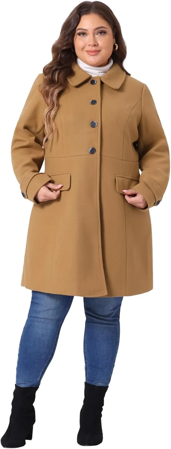 Agnes Orinda Plus Size Coats for Women Fall Winter Classic Single Breasted Pea Trench Long Coat with Pockets