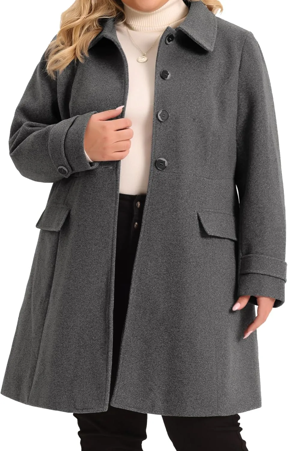 Agnes Orinda Plus Size Coats for Women Fall Winter Classic Single Breasted Pea Trench Long Coat with Pockets