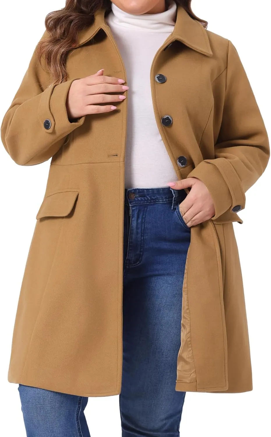 Agnes Orinda Plus Size Coats for Women Fall Winter Classic Single Breasted Pea Trench Long Coat with Pockets