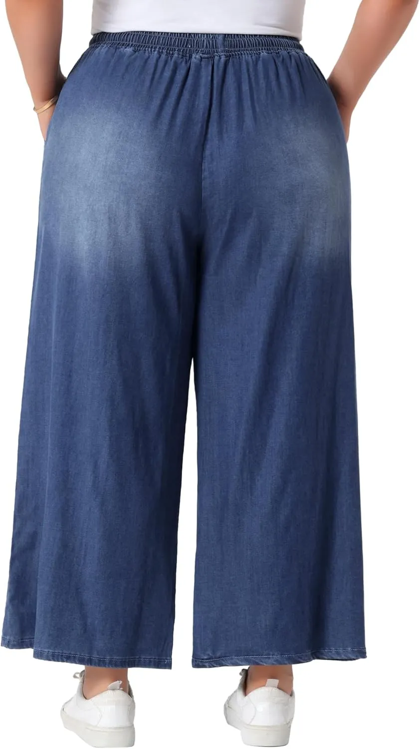 Agnes Orinda Plus Size Women's Wide Leg Jeans Chambray Elastic Waist Baggy Loose Fit Denim Pants with Pockets