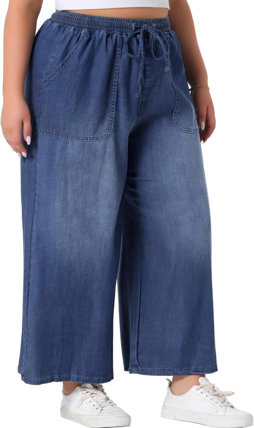 Agnes Orinda Plus Size Women's Wide Leg Jeans Chambray Elastic Waist Baggy Loose Fit Denim Pants with Pockets
