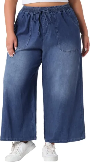 Agnes Orinda Plus Size Women's Wide Leg Jeans Chambray Elastic Waist Baggy Loose Fit Denim Pants with Pockets