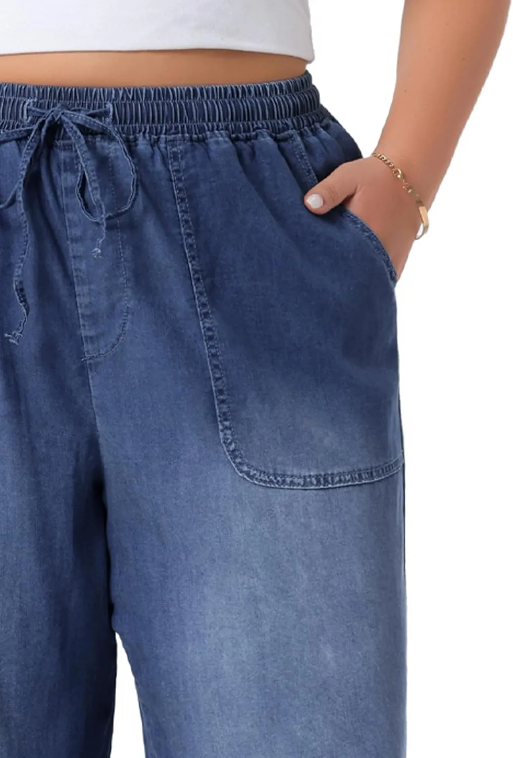 Agnes Orinda Plus Size Women's Wide Leg Jeans Chambray Elastic Waist Baggy Loose Fit Denim Pants with Pockets
