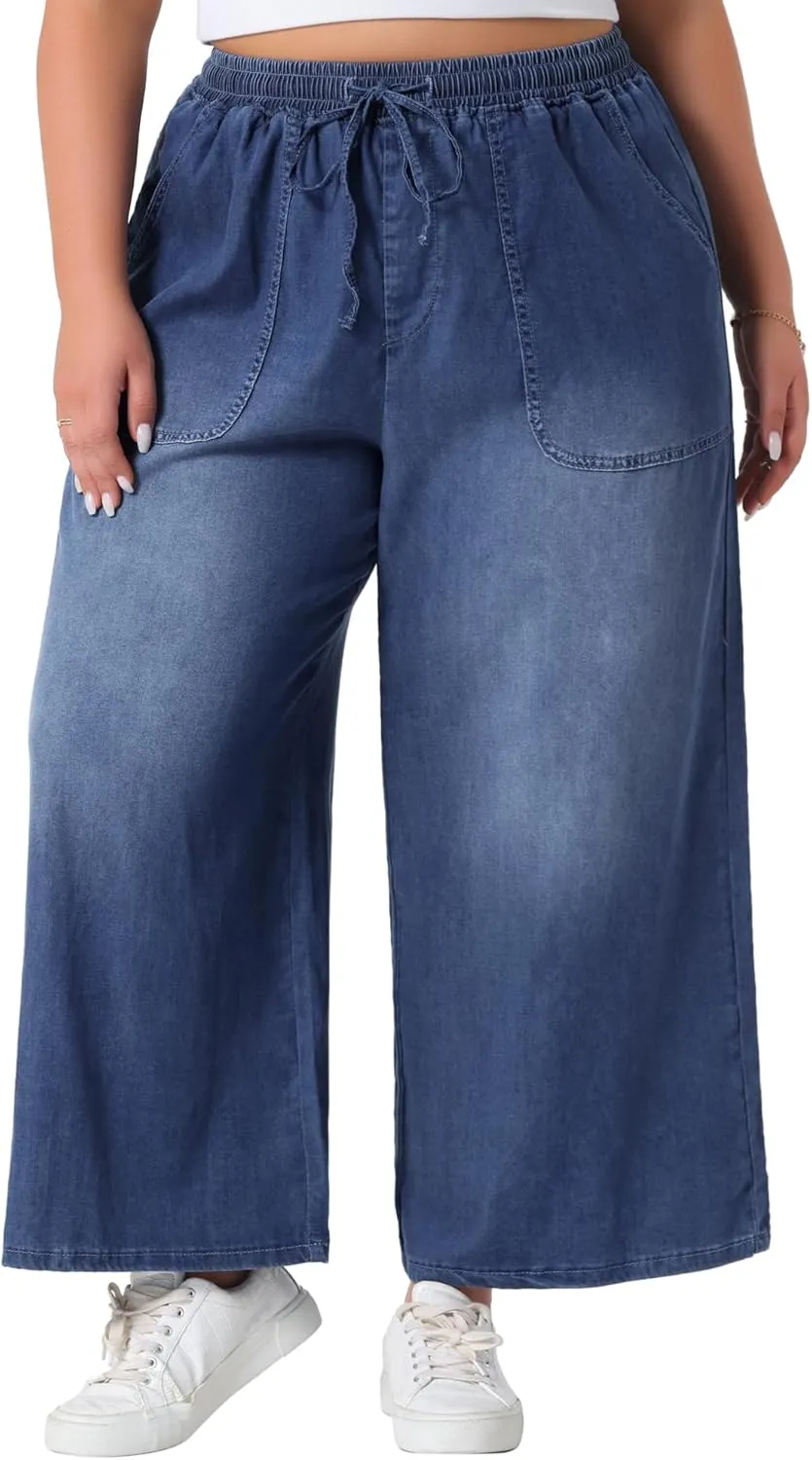 Agnes Orinda Plus Size Women's Wide Leg Jeans Chambray Elastic Waist Baggy Loose Fit Denim Pants with Pockets