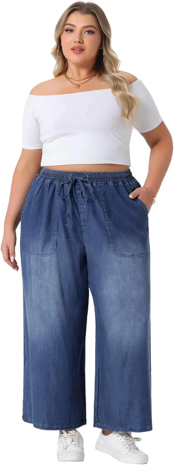 Agnes Orinda Plus Size Women's Wide Leg Jeans Chambray Elastic Waist Baggy Loose Fit Denim Pants with Pockets