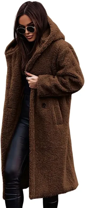 Akivide Women Winter Coat Hooded Fuzzy Fleece Warm Button Down Long Warm Outwear Jackets with Pockets