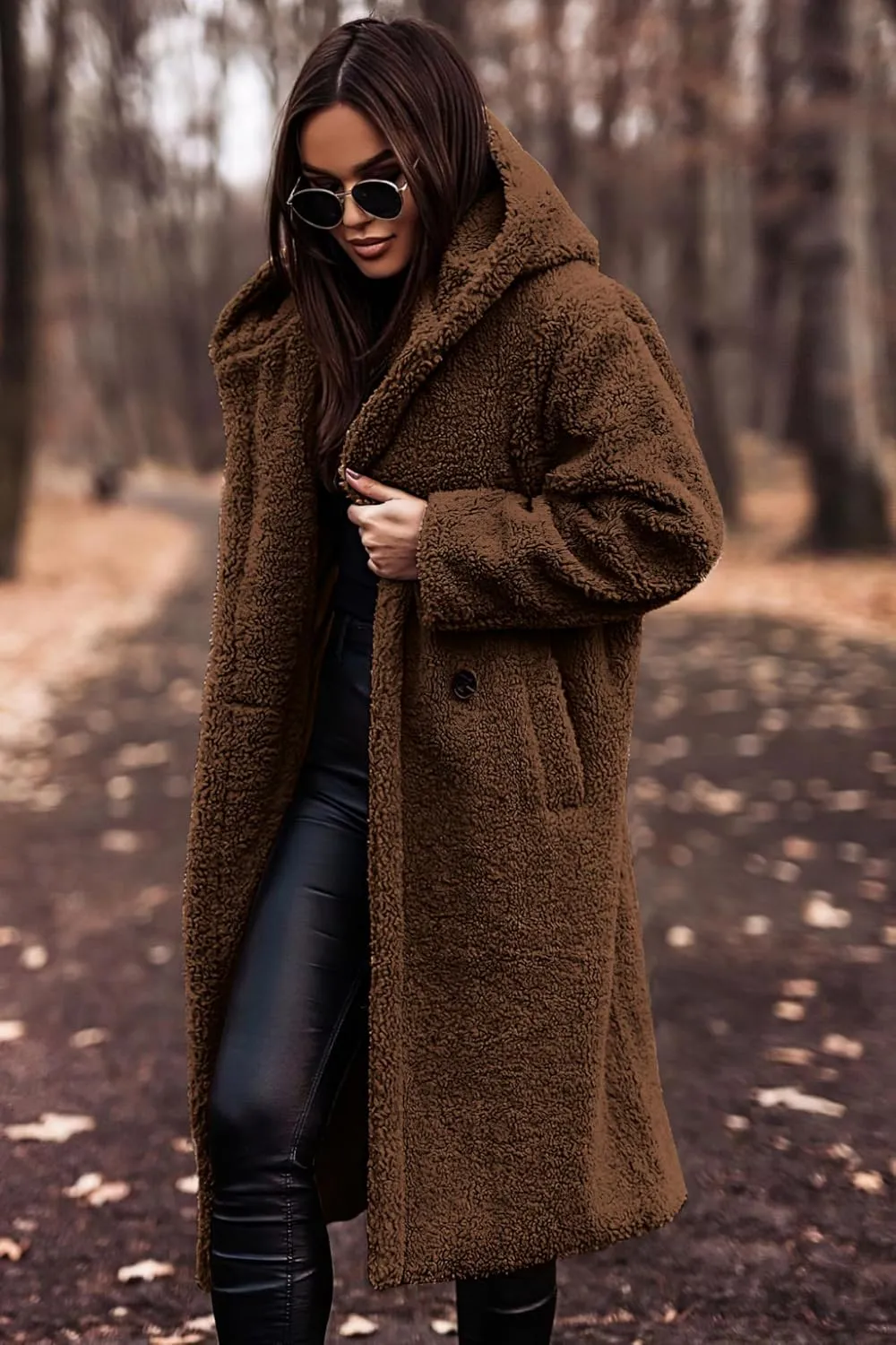 Akivide Women Winter Coat Hooded Fuzzy Fleece Warm Button Down Long Warm Outwear Jackets with Pockets