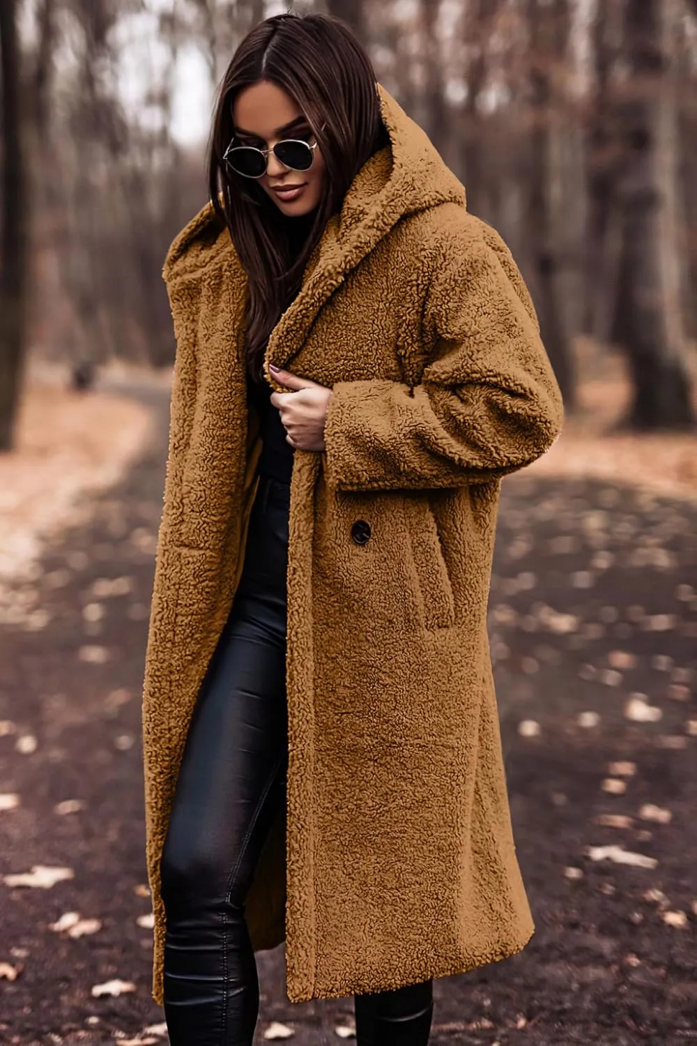 Akivide Women Winter Coat Hooded Fuzzy Fleece Warm Button Down Long Warm Outwear Jackets with Pockets