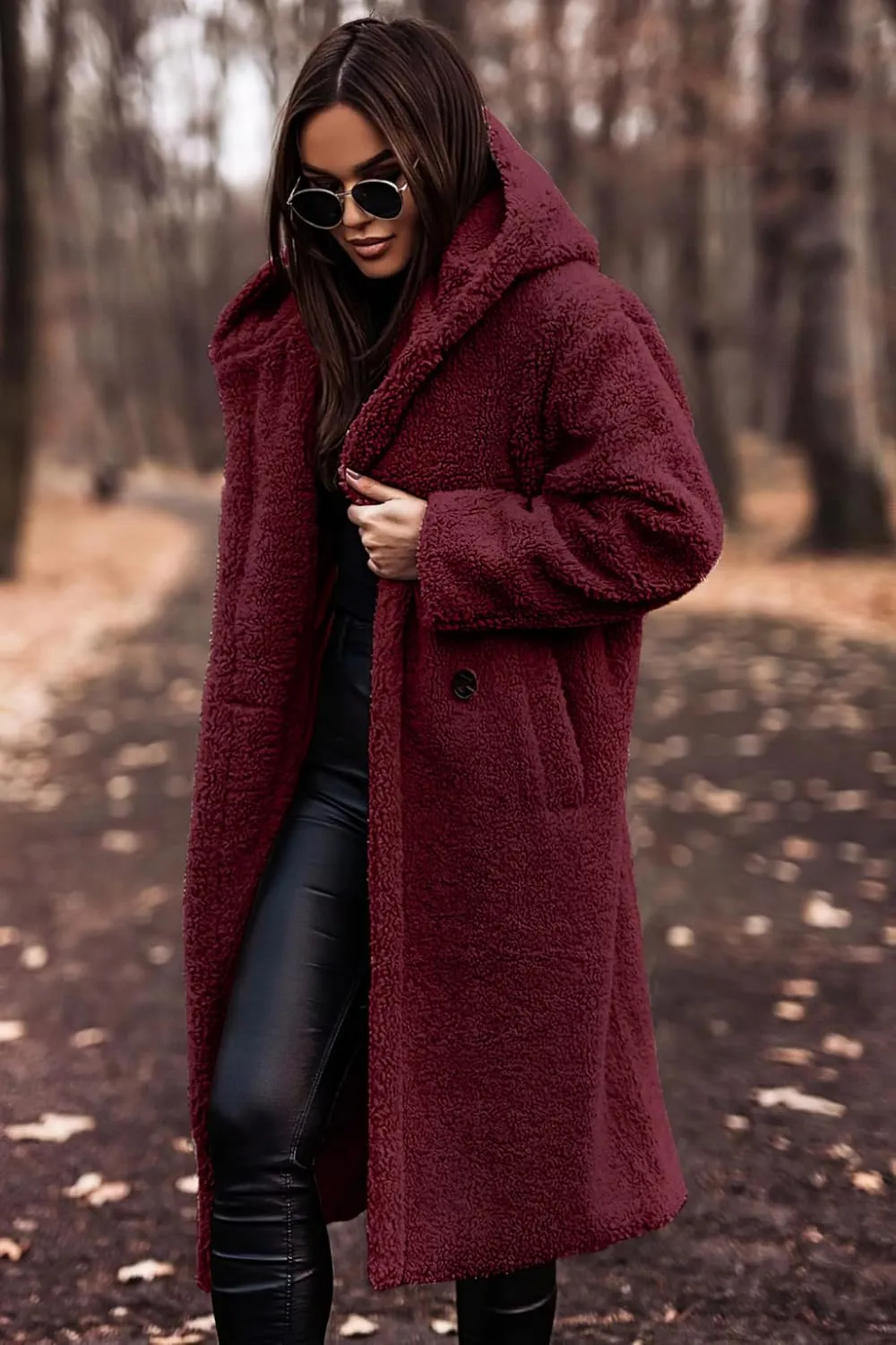 Akivide Women Winter Coat Hooded Fuzzy Fleece Warm Button Down Long Warm Outwear Jackets with Pockets