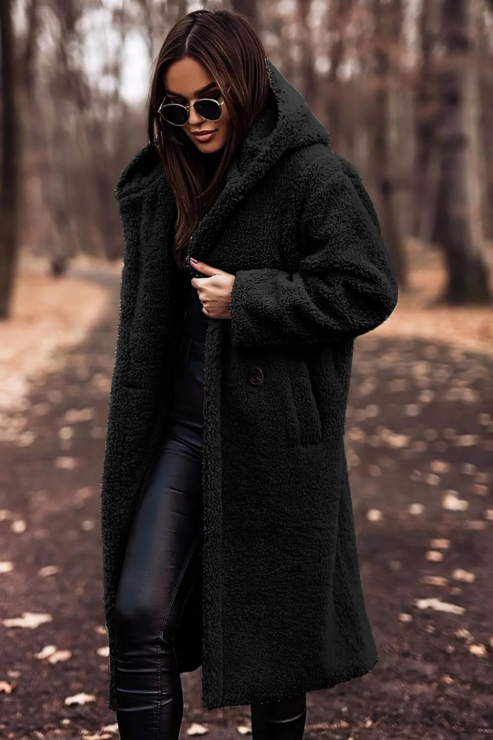 Akivide Women Winter Coat Hooded Fuzzy Fleece Warm Button Down Long Warm Outwear Jackets with Pockets