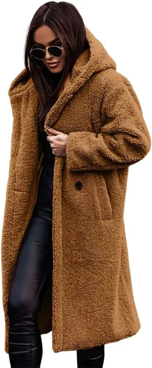 Akivide Women Winter Coat Hooded Fuzzy Fleece Warm Button Down Long Warm Outwear Jackets with Pockets