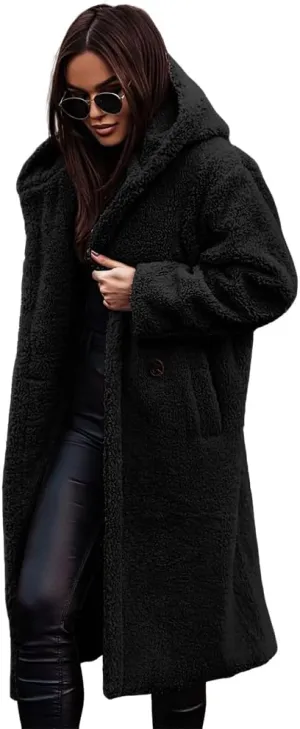Akivide Women Winter Coat Hooded Fuzzy Fleece Warm Button Down Long Warm Outwear Jackets with Pockets