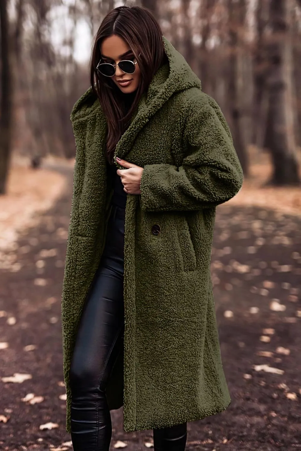 Akivide Women Winter Coat Hooded Fuzzy Fleece Warm Button Down Long Warm Outwear Jackets with Pockets