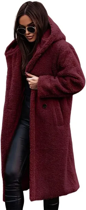 Akivide Women Winter Coat Hooded Fuzzy Fleece Warm Button Down Long Warm Outwear Jackets with Pockets
