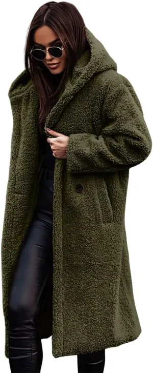 Akivide Women Winter Coat Hooded Fuzzy Fleece Warm Button Down Long Warm Outwear Jackets with Pockets