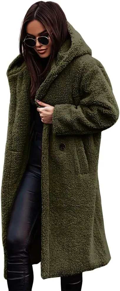 Akivide Women Winter Coat Hooded Fuzzy Fleece Warm Button Down Long Warm Outwear Jackets with Pockets