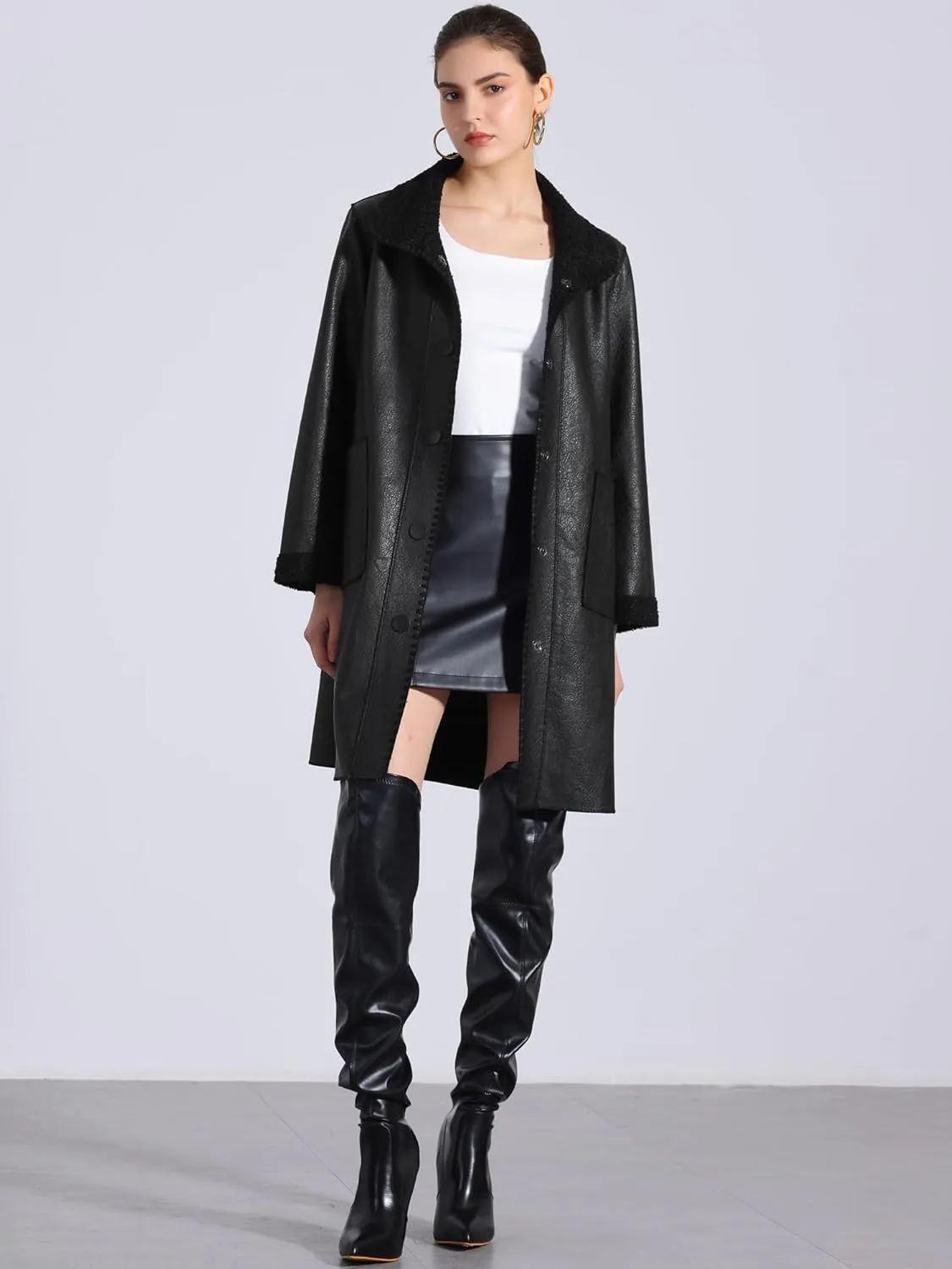 Allegra K Faux Leather Coat for Women's Button Up Collar Classic Winter Mid Long Jacket Coats
