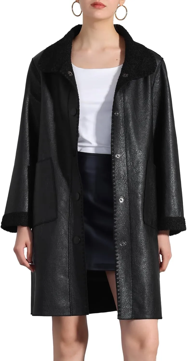 Allegra K Faux Leather Coat for Women's Button Up Collar Classic Winter Mid Long Jacket Coats