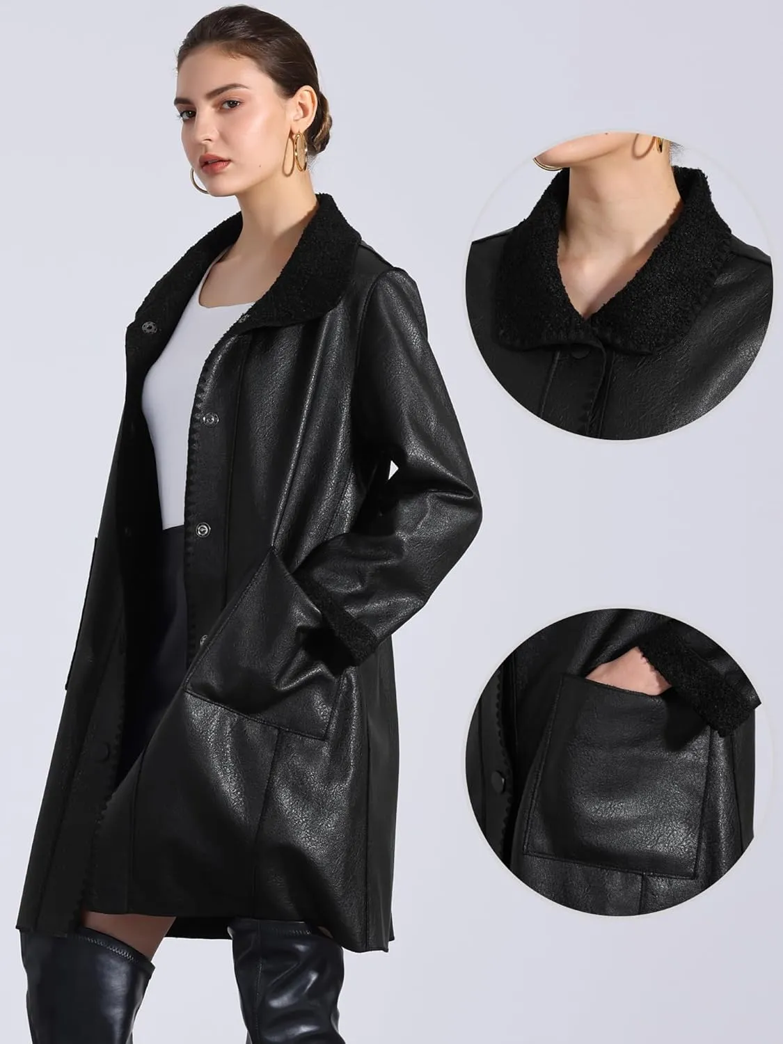 Allegra K Faux Leather Coat for Women's Button Up Collar Classic Winter Mid Long Jacket Coats