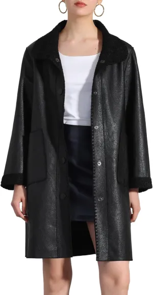 Allegra K Faux Leather Coat for Women's Button Up Collar Classic Winter Mid Long Jacket Coats