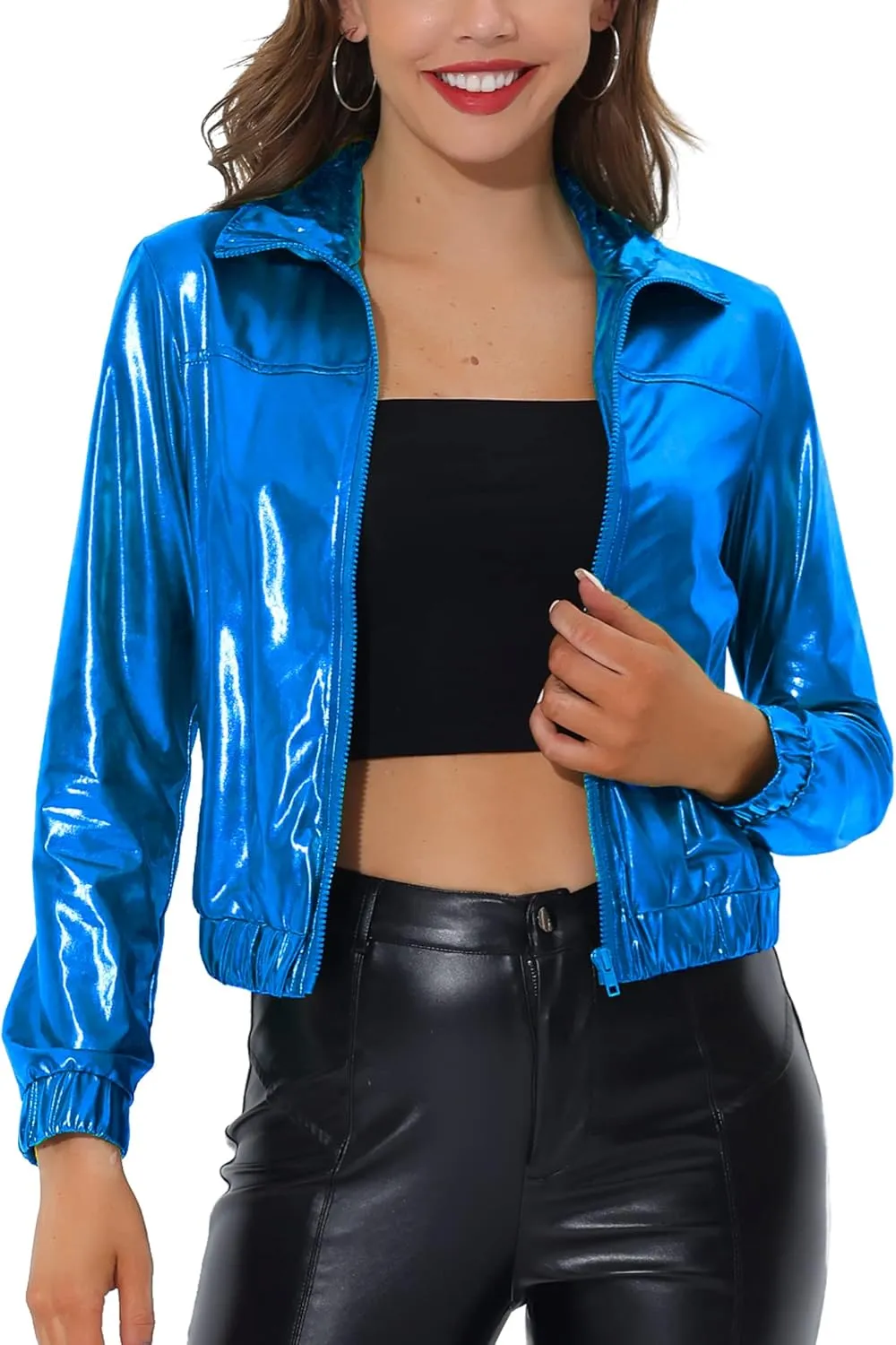 Allegra K Women's Holographic Shiny Party Christmas Long Sleeve Lightweight Zipper Metallic Jacket