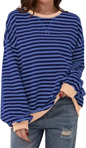AlvaQ Womens Oversized Sweatshirt 2024 Casual Crewneck Long Sleeve Colorblock Striped Pullover Tunic Tops Outfits
