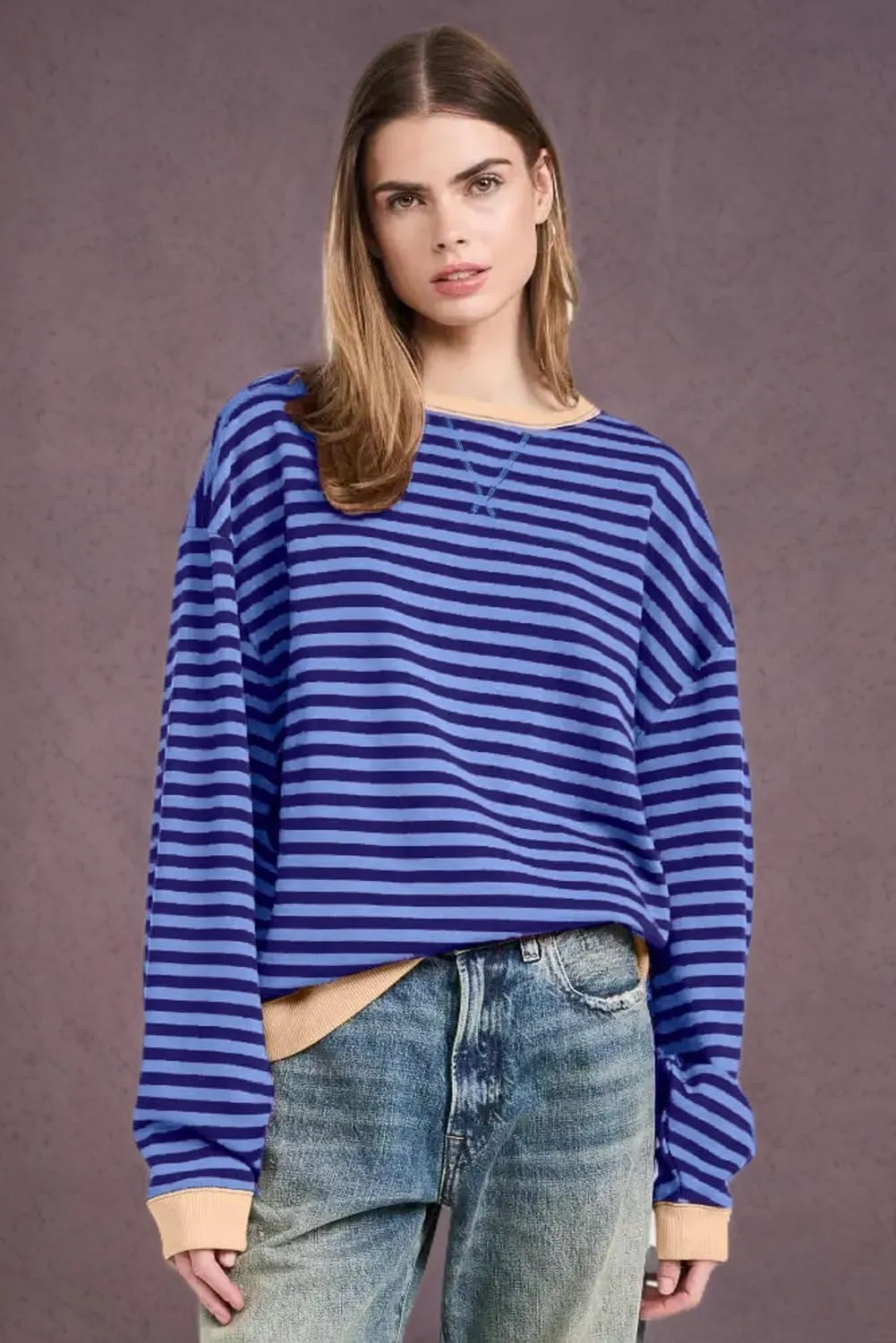 AlvaQ Womens Oversized Sweatshirt 2024 Casual Crewneck Long Sleeve Colorblock Striped Pullover Tunic Tops Outfits