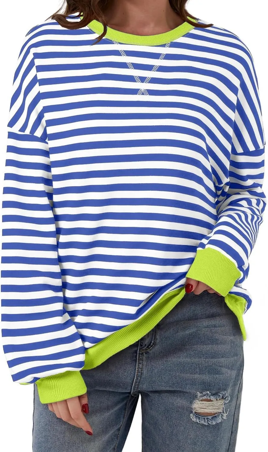 AlvaQ Womens Oversized Sweatshirt 2024 Casual Crewneck Long Sleeve Colorblock Striped Pullover Tunic Tops Outfits