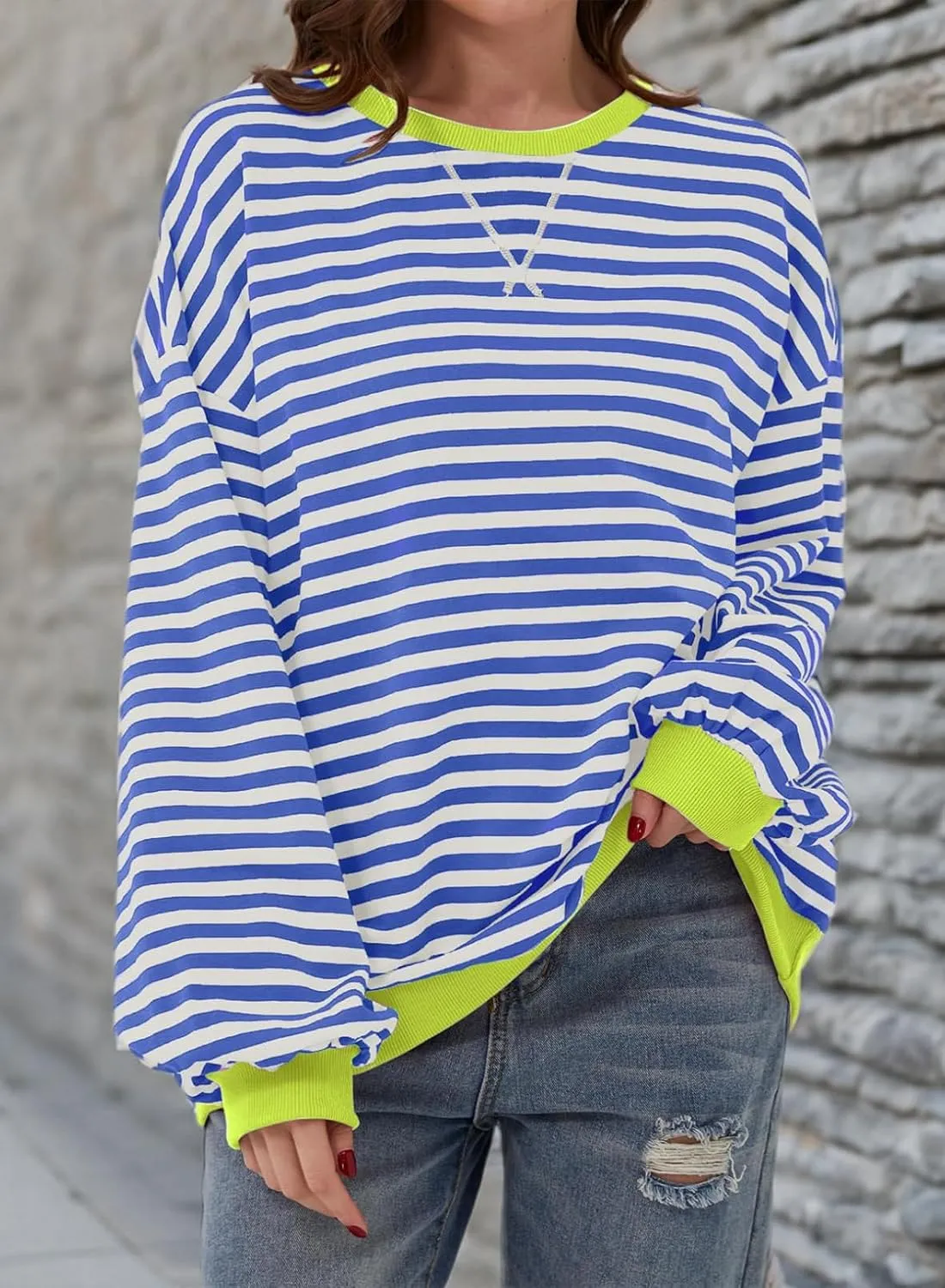 AlvaQ Womens Oversized Sweatshirt 2024 Casual Crewneck Long Sleeve Colorblock Striped Pullover Tunic Tops Outfits