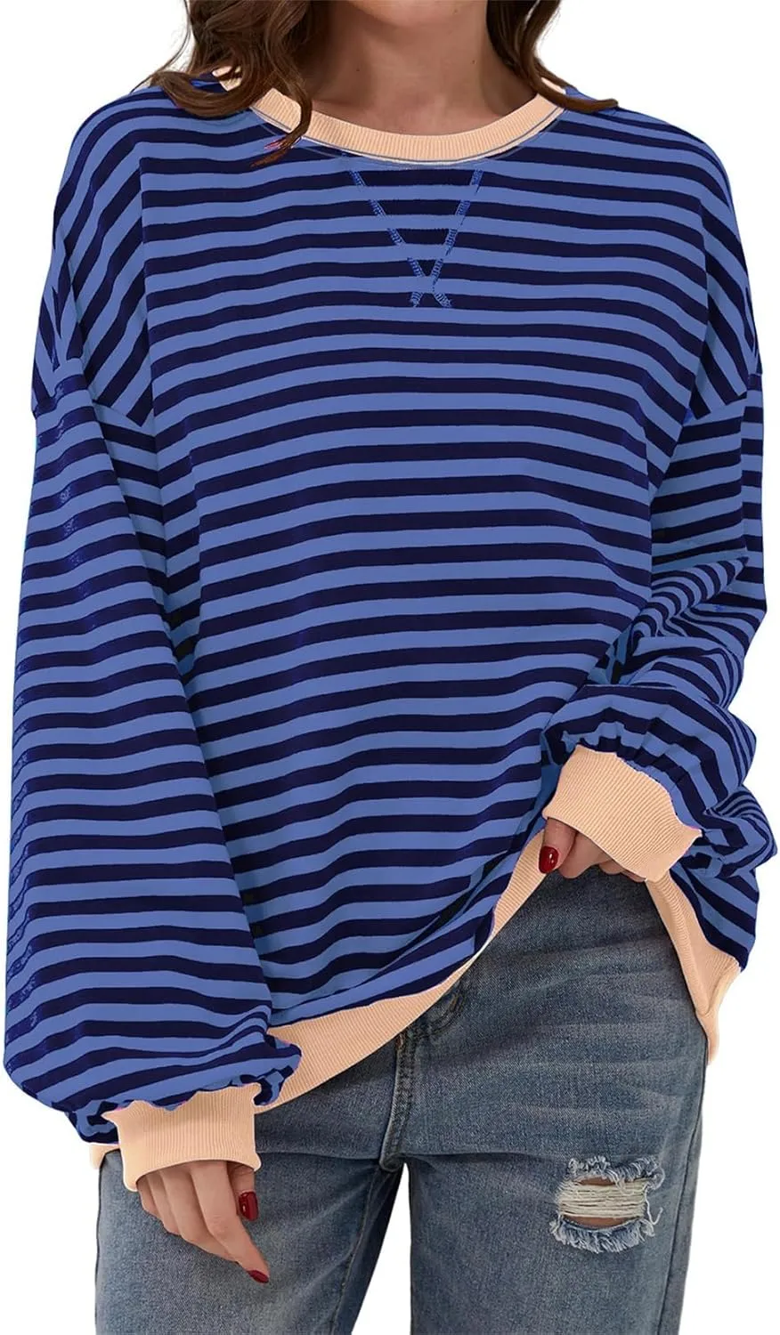 AlvaQ Womens Oversized Sweatshirt 2024 Casual Crewneck Long Sleeve Colorblock Striped Pullover Tunic Tops Outfits