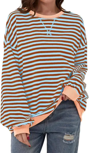 AlvaQ Womens Oversized Sweatshirt 2024 Casual Crewneck Long Sleeve Colorblock Striped Pullover Tunic Tops Outfits