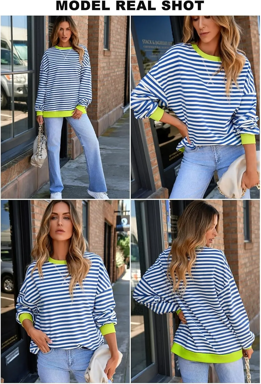 AlvaQ Womens Oversized Sweatshirt 2024 Casual Crewneck Long Sleeve Colorblock Striped Pullover Tunic Tops Outfits