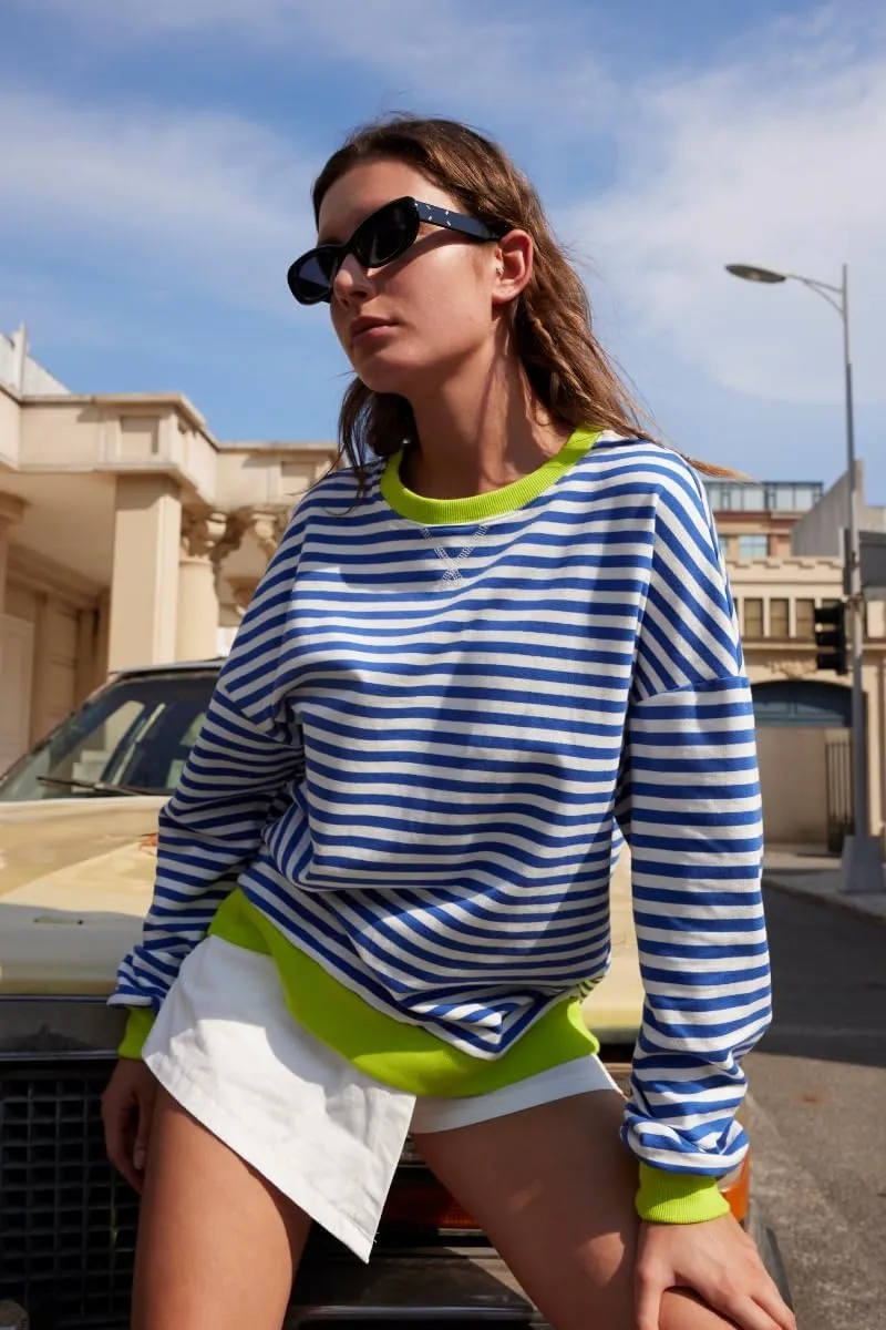 AlvaQ Womens Oversized Sweatshirt 2024 Casual Crewneck Long Sleeve Colorblock Striped Pullover Tunic Tops Outfits