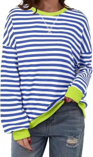AlvaQ Womens Oversized Sweatshirt 2024 Casual Crewneck Long Sleeve Colorblock Striped Pullover Tunic Tops Outfits