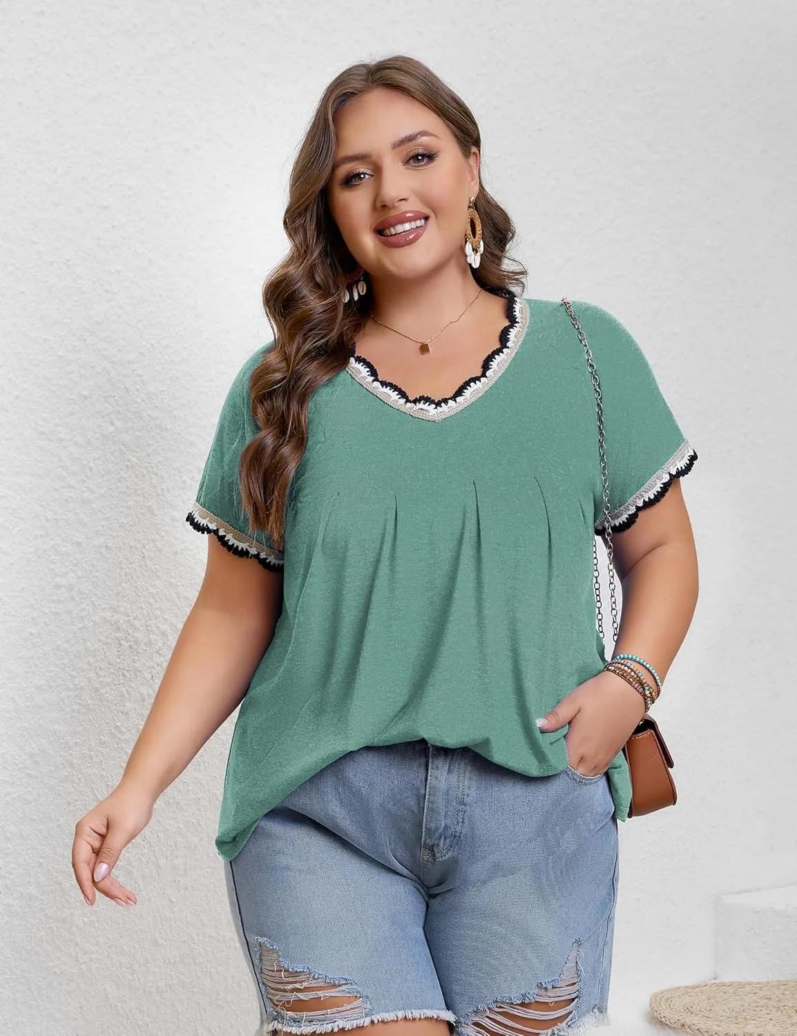 AMCLOS Plus Size Tops for Women T-Shirt With Contrast V-Neck Pleated Short Sleeve Blouses Casual Tunic Summer 2025