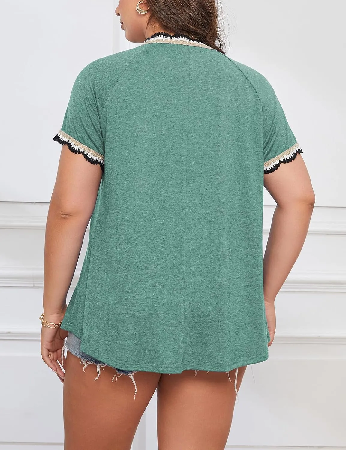 AMCLOS Plus Size Tops for Women T-Shirt With Contrast V-Neck Pleated Short Sleeve Blouses Casual Tunic Summer 2025